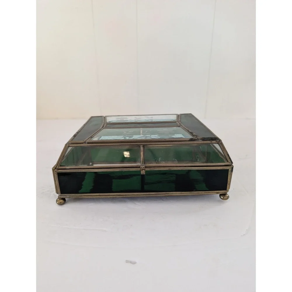 Jewelry Box Etched Floral Stained Glass Green Clear Vintage Glass Trinket FLAW - Picture 3 of 16